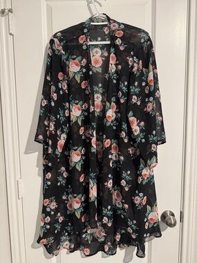 Siren Lily Black Sheer Floral Kimono with Pink Roses